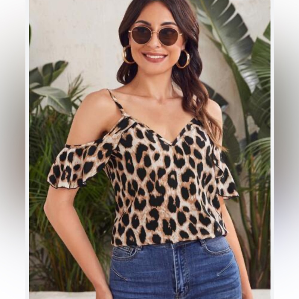 SHEIN cheetah Spaghetti Strap cold shoulder Blouse